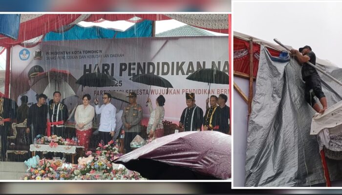 Aksi Heroik PLT Ketua PWI Hendra Mokorowu Lindungi Walikota dan Wakil Walikota Saat Panggung Tamu Kebasahan